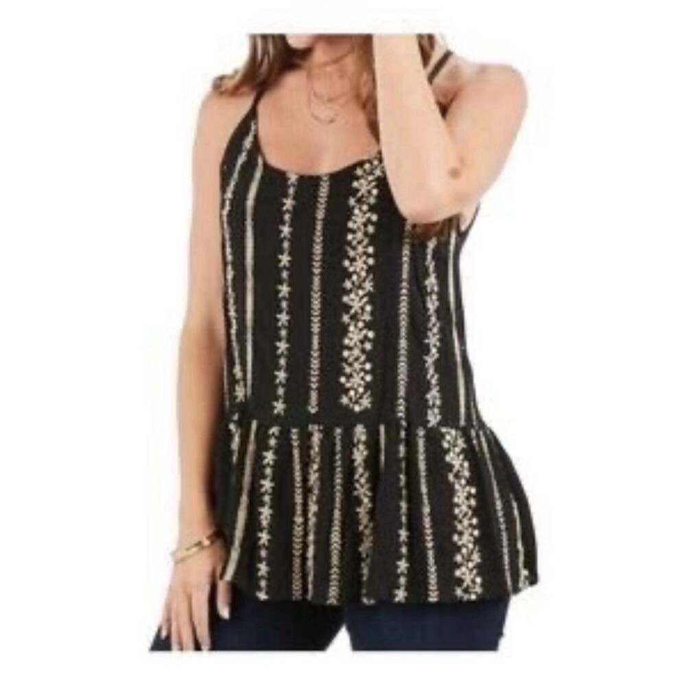 Hummingbird Embroidered Baby Doll Halter Tank Top Black & Cream Small Boho Artsy